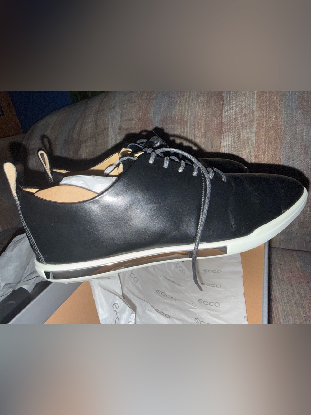 Ecco Black Leather Lace-Up Flat with White Contrast Sole